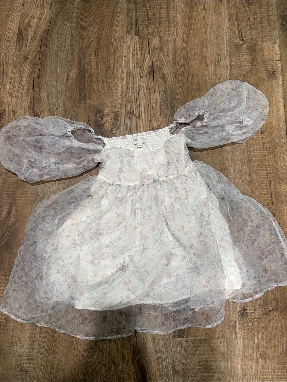 Sheer Puff-Sleeve Mini Dress in Soft Lavender Floral